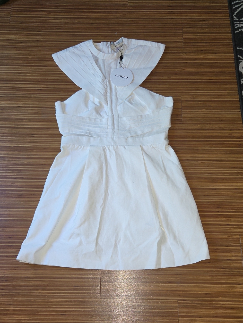 cameo White Sculpted Pleated Halo Neck Dress